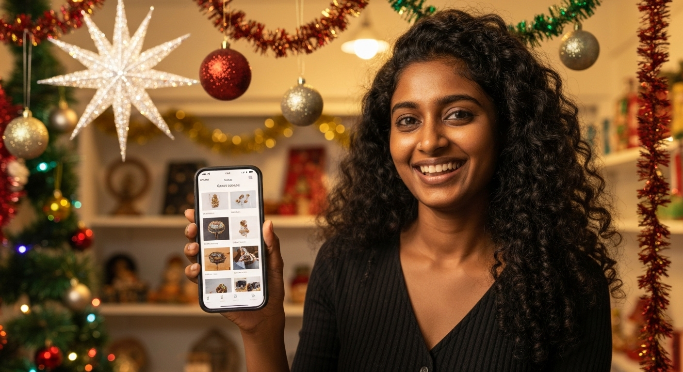 A Sri Lankan shop owner smiling, holding a phone showing their new e-commerce app, with Christmas decorations in the background.